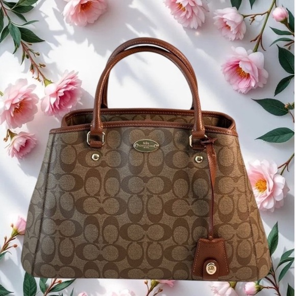 COACH Signature Margot Brown Canvas Tote Bag with Leather Trim - Picture 12 of 17